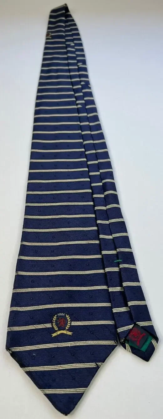 Tommy Hilfiger Mens Silk Tie Navy Gold Stripe Crest USA Classic Designer